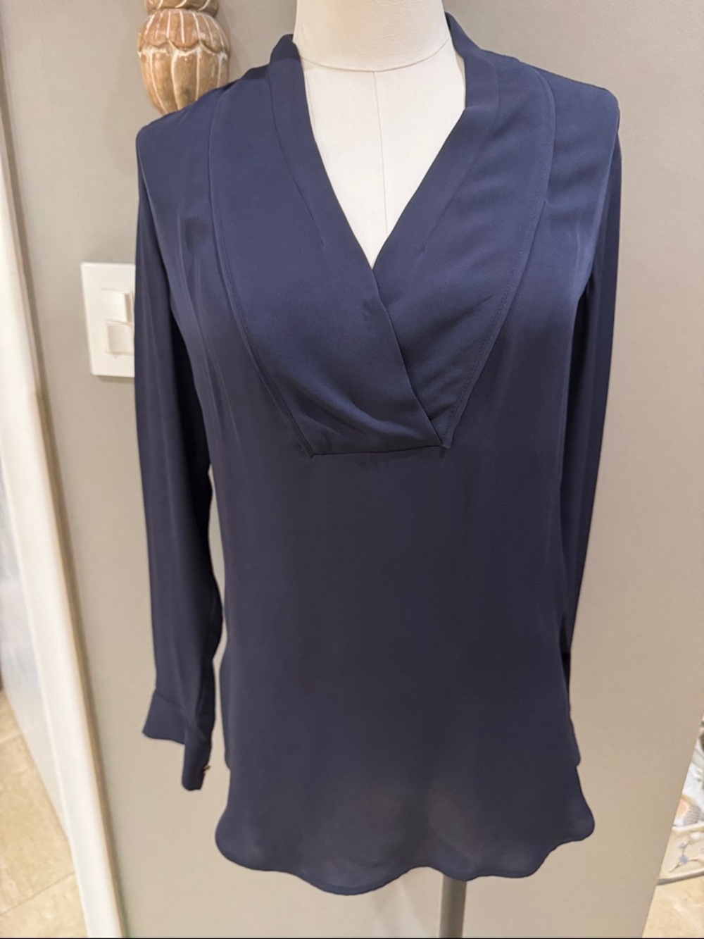 Women's Navy V-Neck Silk Long Sleeve Blouse
